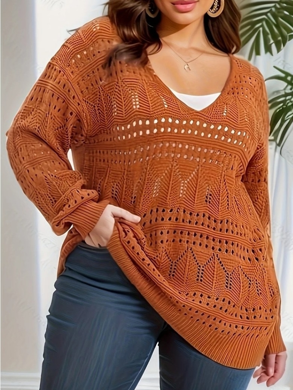 Amazon Open-Knit V-Neck Sweater in Rust Orange